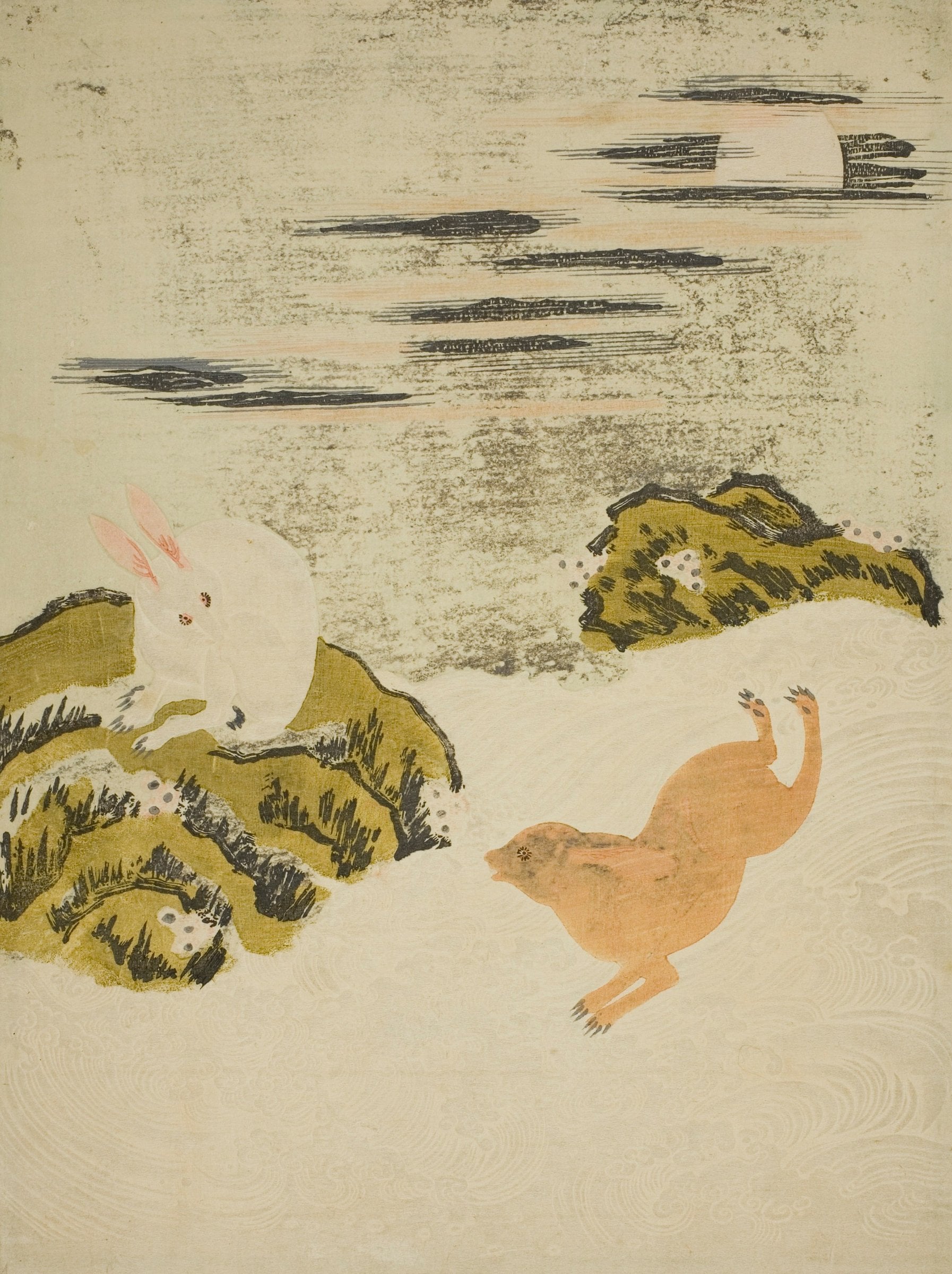 A white hare and a brown hare play on mossy rocks beside pale rippling water, with dark clouds above.
