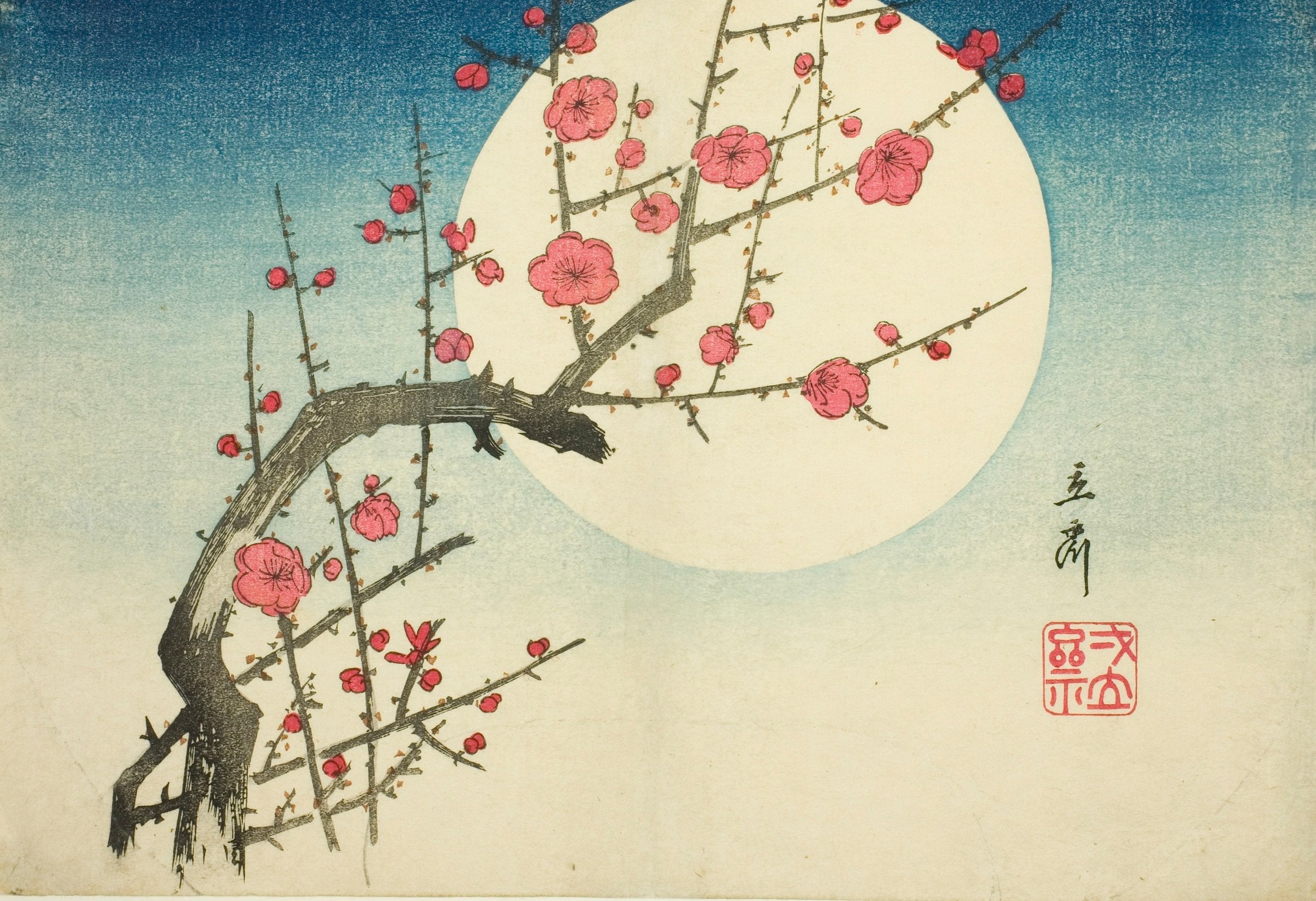 A branch of pink plum blossom crosses a large cream moon in a night sky that fades from deep blue to pale teal.