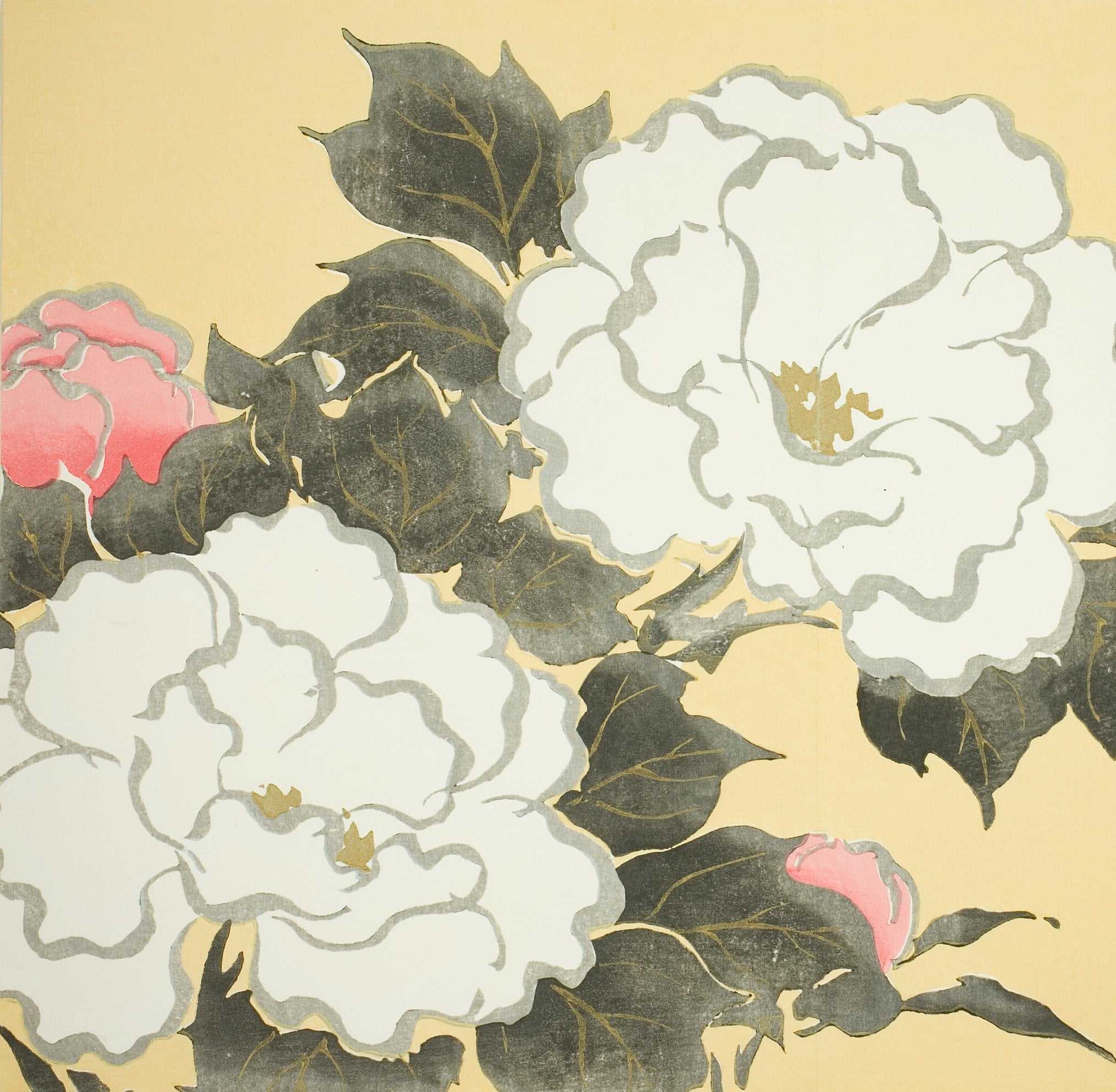 Two large white peonies and a pink bud among dark grey-green leaves on a pale yellow ground.