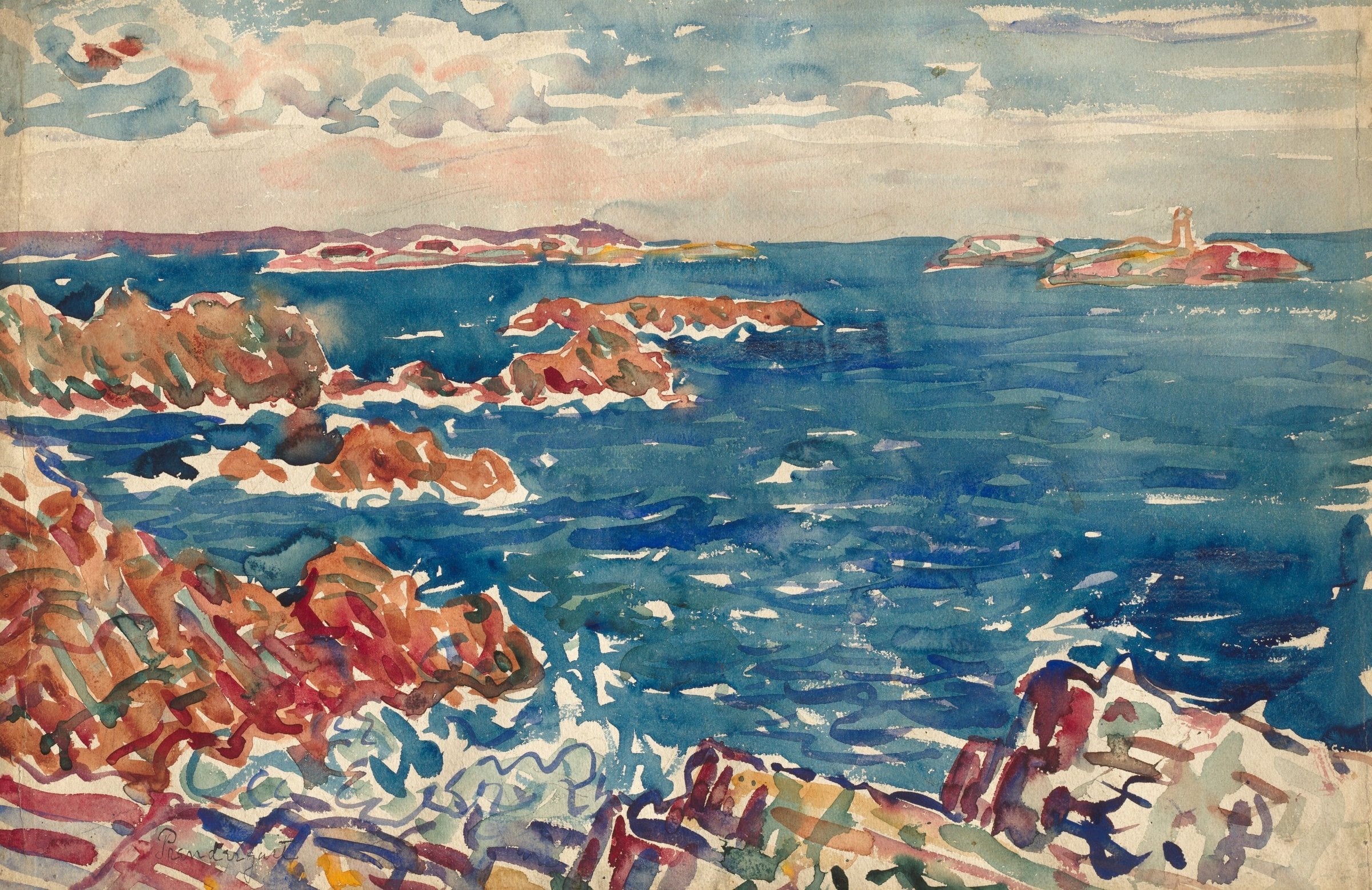 Coral-pink rocks and a deep blue sea with small islands on the horizon under a pale cloudy sky.