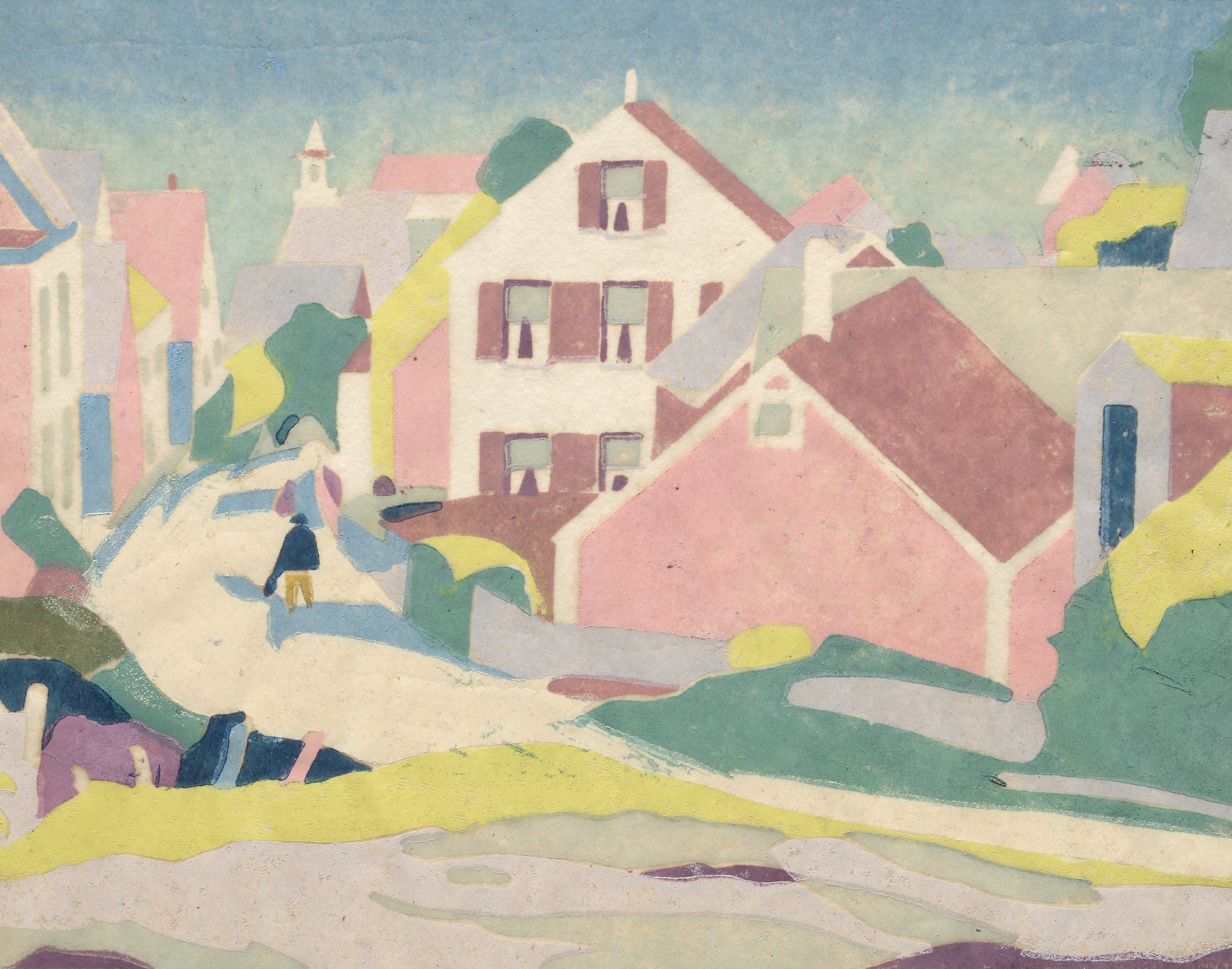 Pink and white hillside houses above a harbour, drawn in flat pastel shapes of blue, yellow, lilac and green.