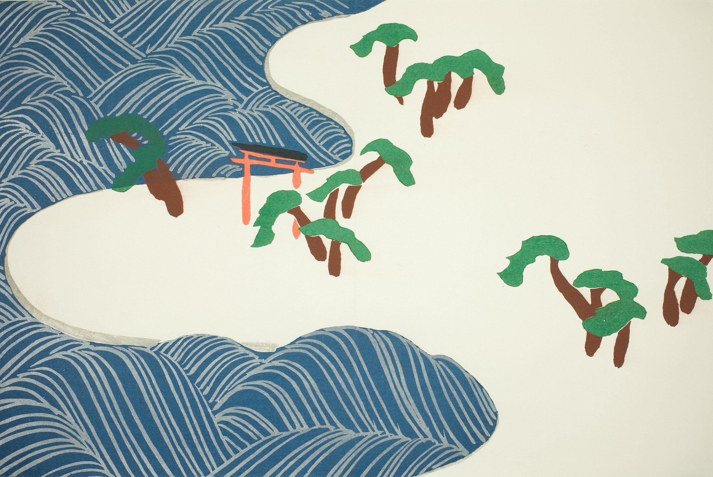 Deep blue wave lines wrap a pale shoreline dotted with small green pines and a coral-red shrine gate.