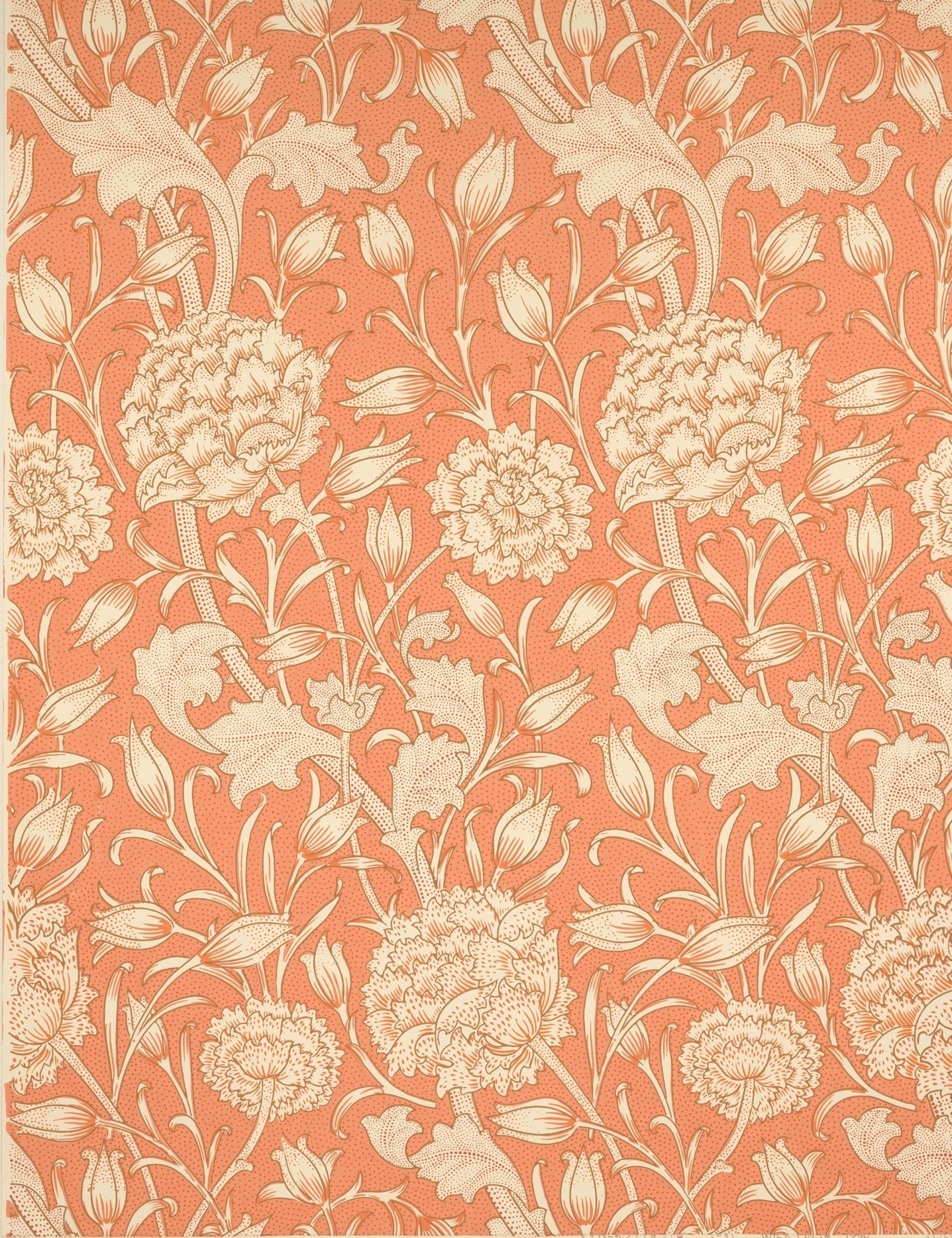A repeating pattern of cream tulips, carnations and leaves on a coral-orange ground.