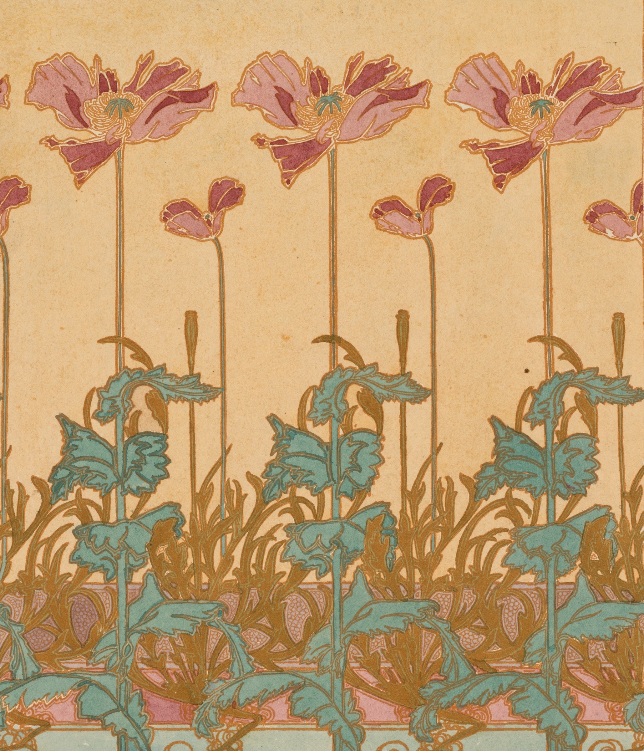 A border of tall pink poppies on slim stems with teal leaves and golden grasses on a peach ground.