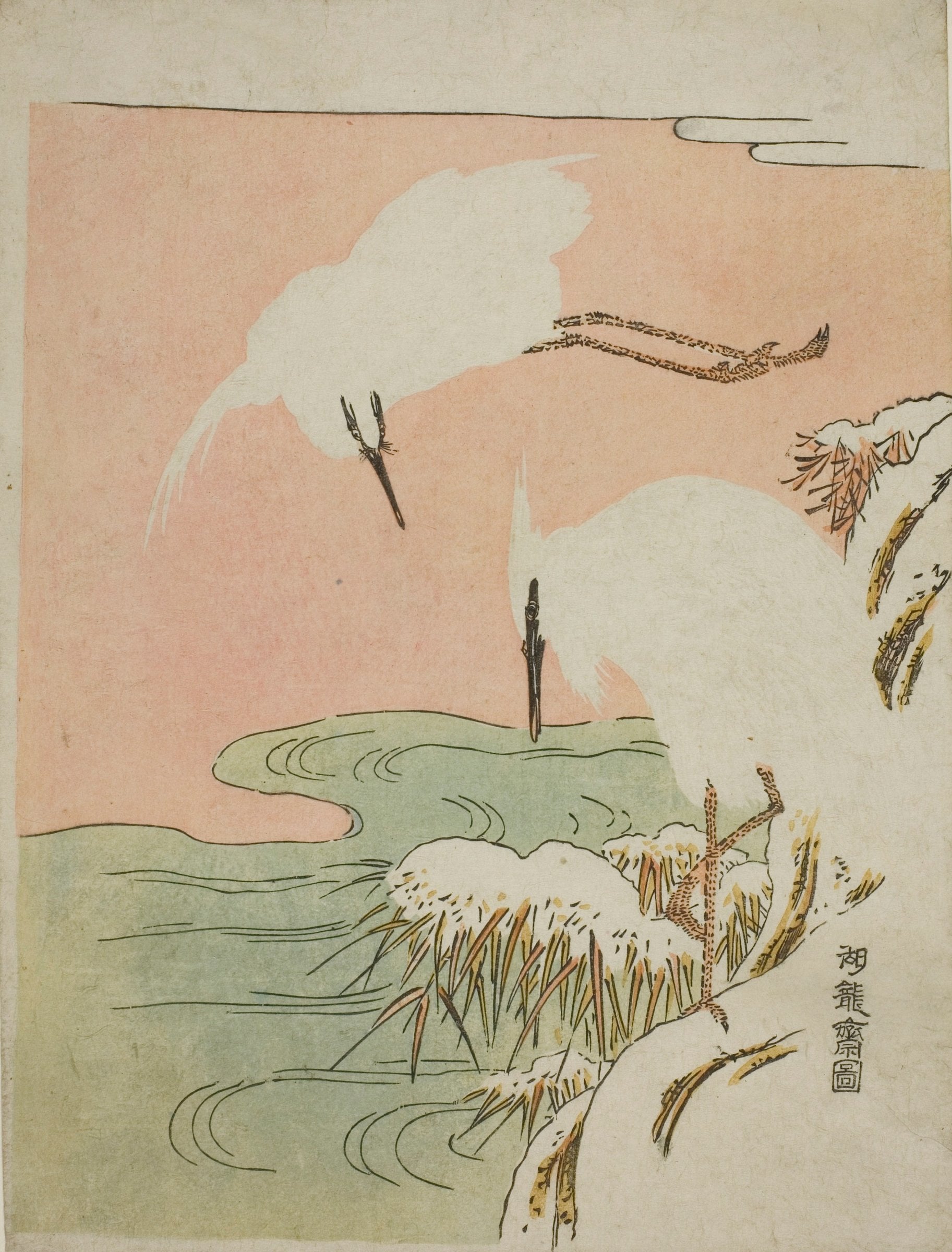 Two white egrets against a blush-pink sky above a pale green stream and snow-covered reeds.